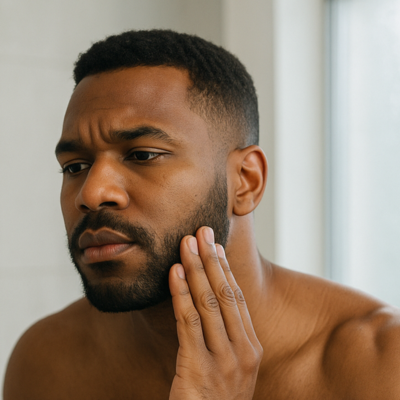 Homme en ville nettoyant son visage pour éliminer la pollution urbaine